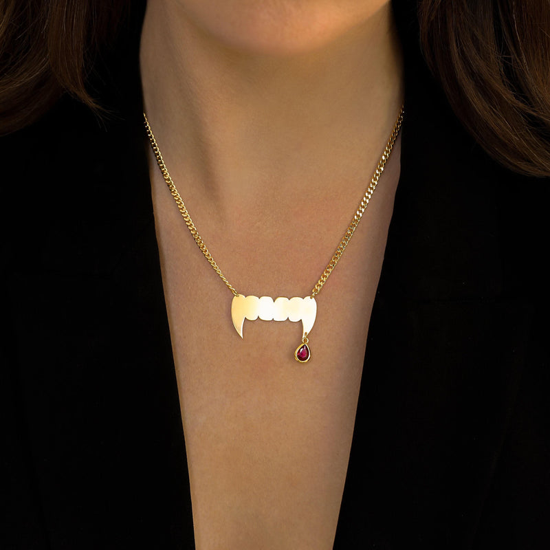 Silver vampire fang pendant with a small hanging drop on a fine chain (2 of 7)