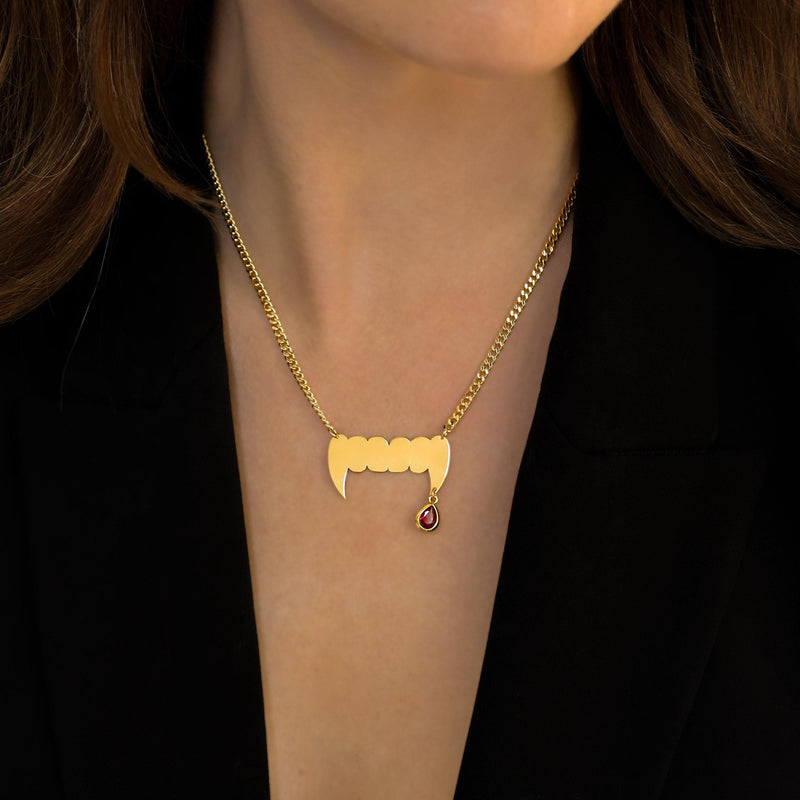 Silver vampire fang pendant with a small hanging drop on a fine chain (4 of 7)
