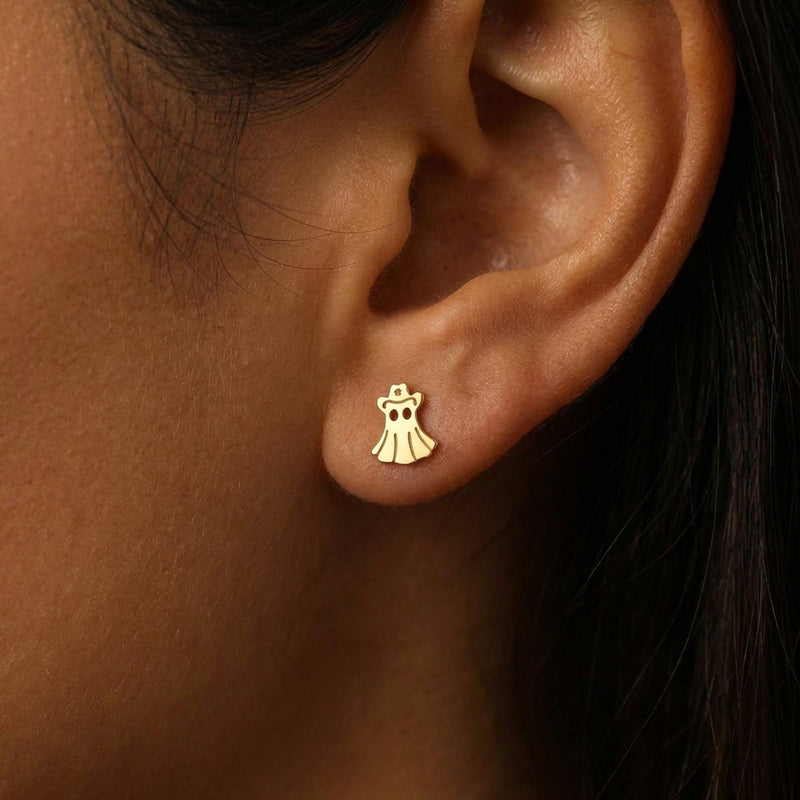 Pair of tiny ghost shaped stud earrings with wavy hem, in gold (10 of 12)