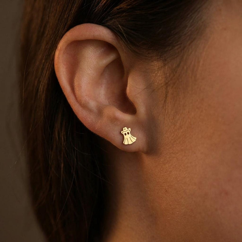 Pair of tiny ghost shaped stud earrings with wavy hem, in gold (2 of 12)