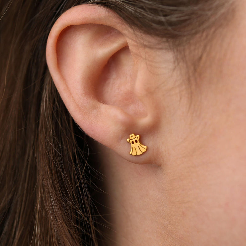 Pair of tiny ghost shaped stud earrings with wavy hem, in gold (3 of 12)