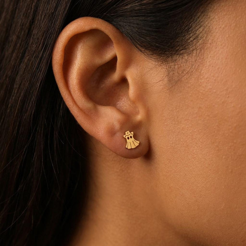 Pair of tiny ghost shaped stud earrings with wavy hem, in gold (4 of 12)