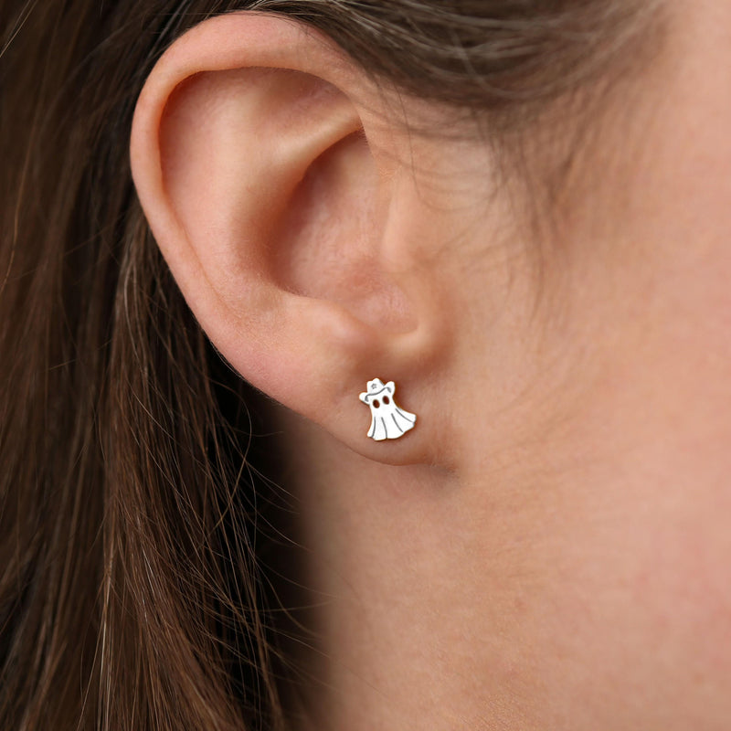 Pair of tiny ghost shaped stud earrings with wavy hem, in gold (5 of 12)