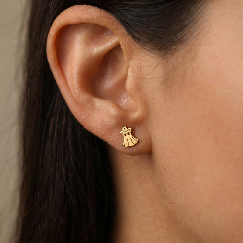 Pair of tiny ghost shaped stud earrings with wavy hem, in gold (8 of 12)
