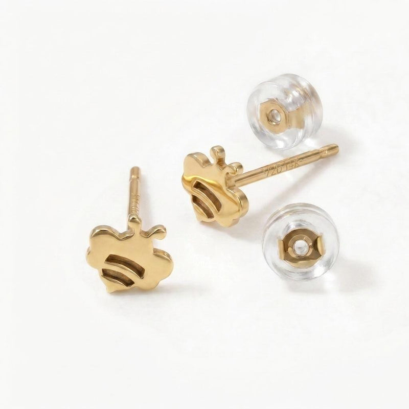 Pair of very small flat bee stud earrings in polished gold