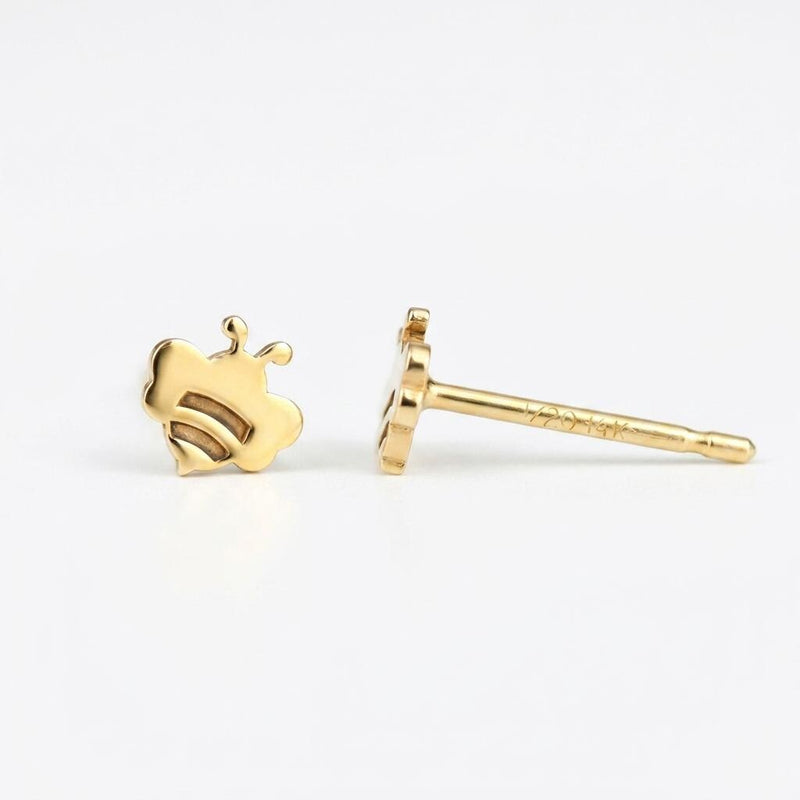 Pair of very small flat bee stud earrings in polished gold (3 of 12)