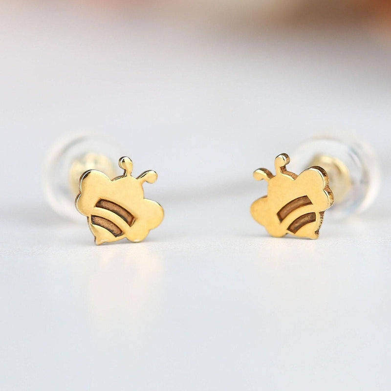 Pair of very small flat bee stud earrings in polished gold (4 of 12)