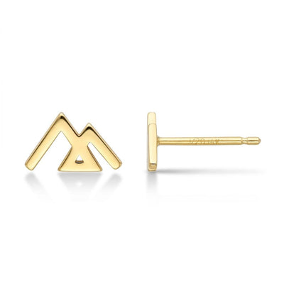 Small gold geometric mountain stud earrings with angular peaks, shown as a pair
