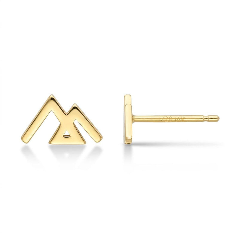 Small gold geometric mountain stud earrings with angular peaks, shown as a pair