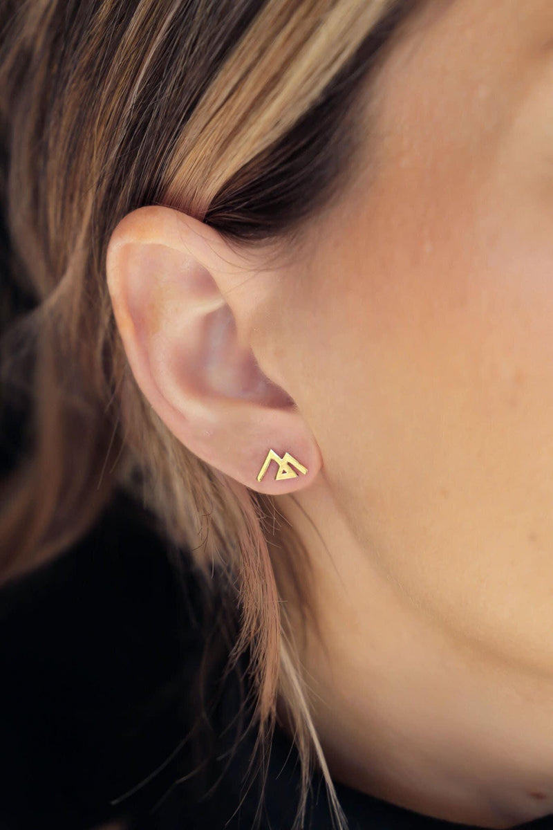 Small gold geometric mountain stud earrings with angular peaks, shown as a pair (3 of 14)