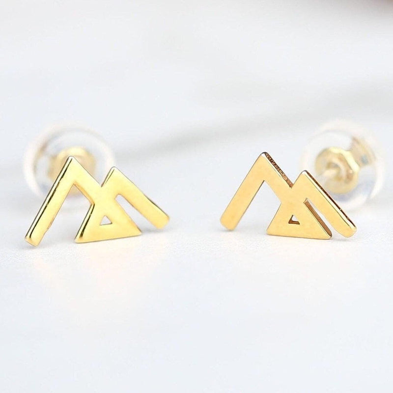 Small gold geometric mountain stud earrings with angular peaks, shown as a pair (4 of 14)
