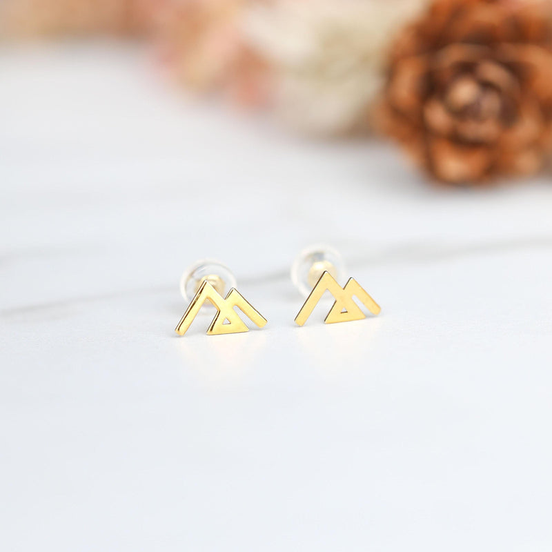 Small gold geometric mountain stud earrings with angular peaks, shown as a pair (6 of 14)