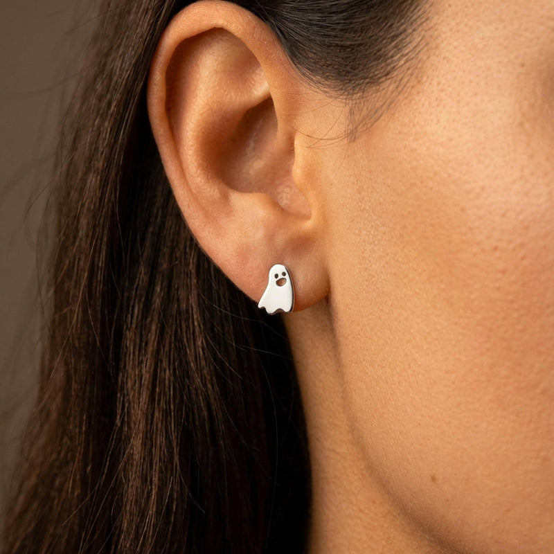 Pair of gold ghost threader earrings with a tiny ghost on a fine chain (11 of 11)