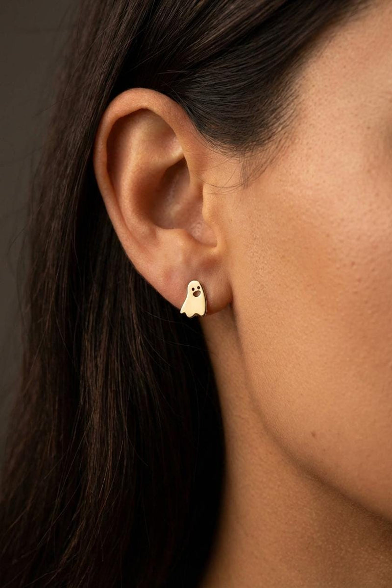 Pair of gold ghost threader earrings with a tiny ghost on a fine chain (3 of 11)