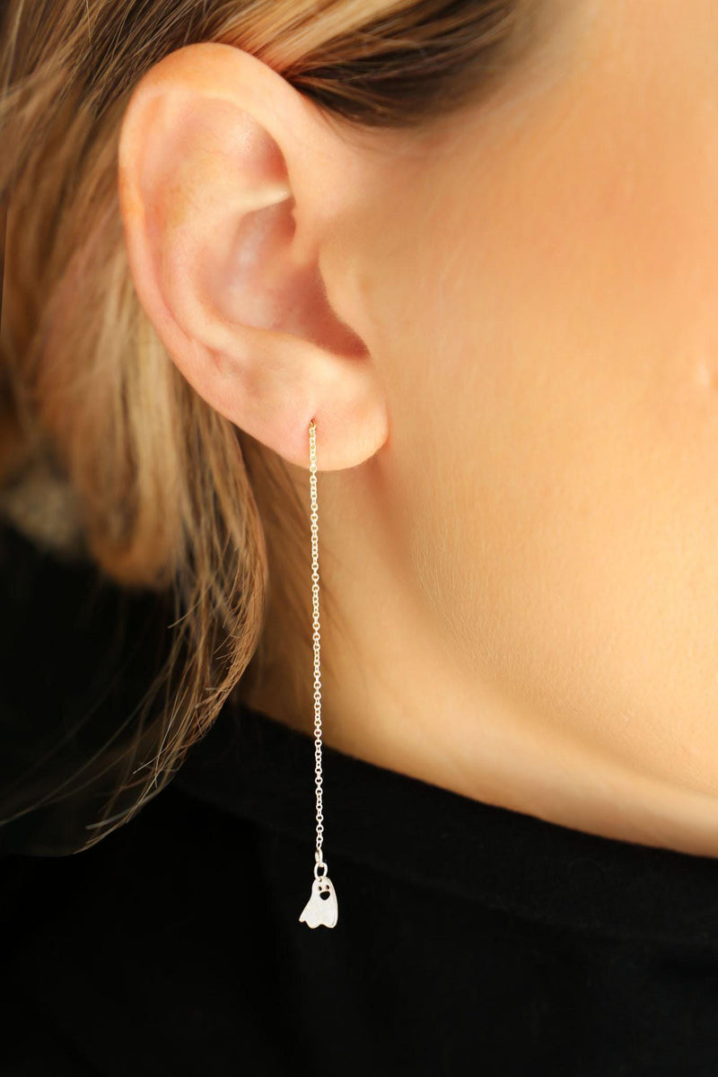 Pair of gold ghost threader earrings with a tiny ghost on a fine chain (4 of 11)