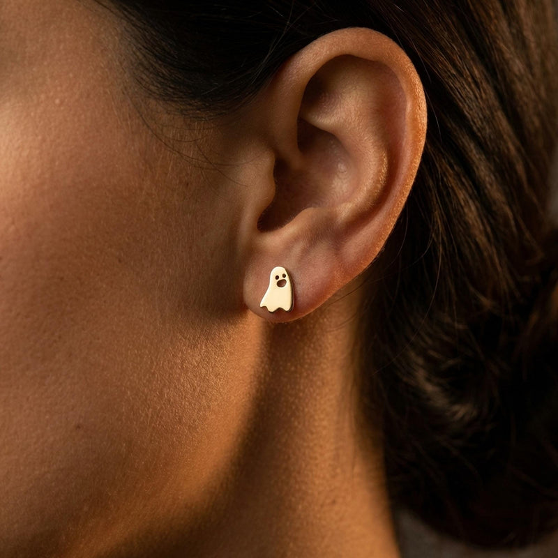 Pair of gold ghost threader earrings with a tiny ghost on a fine chain (9 of 11)