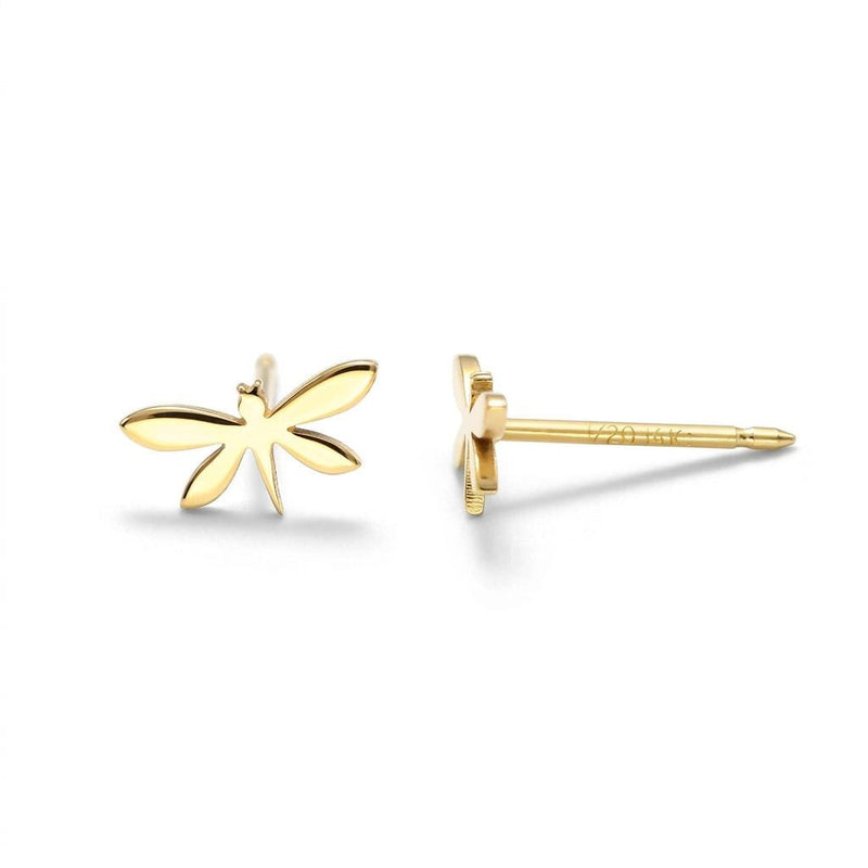 Pair of narrow gold dragonfly stud earrings with four wings, shown front on.