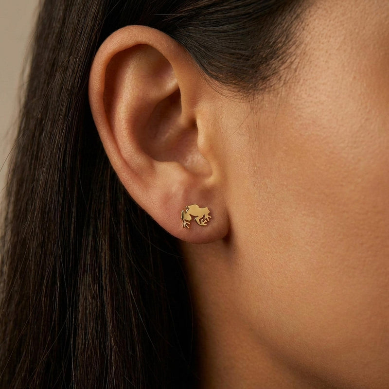 Pair of small gold frog stud earrings facing forward (10 of 13)