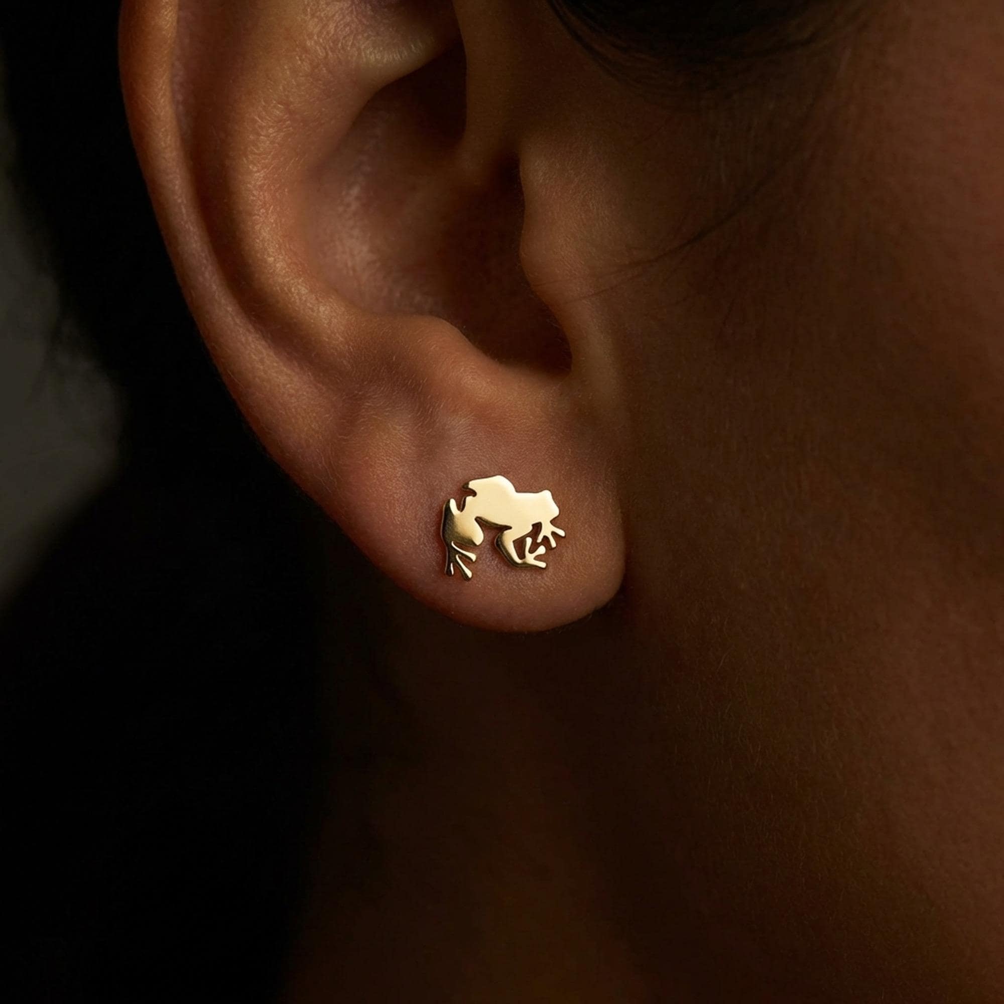 Pair of small gold frog stud earrings facing forward (2 of 13)