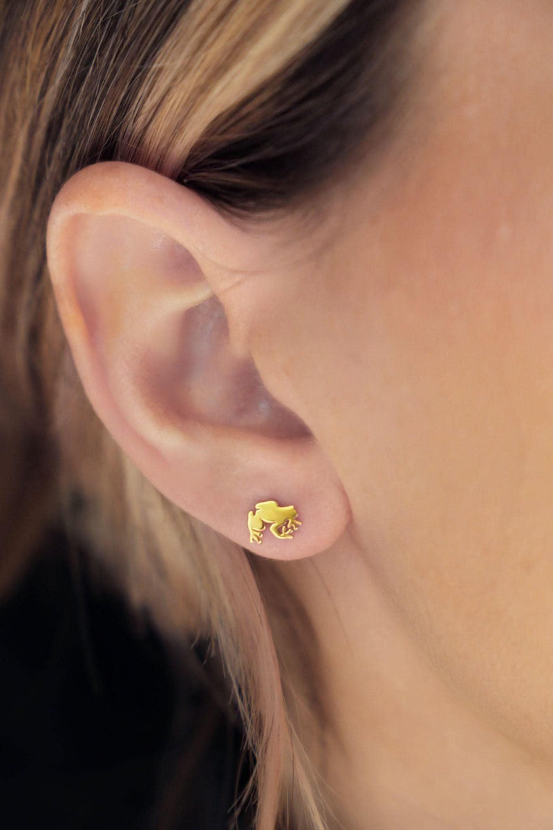 Pair of small gold frog stud earrings facing forward (3 of 13)