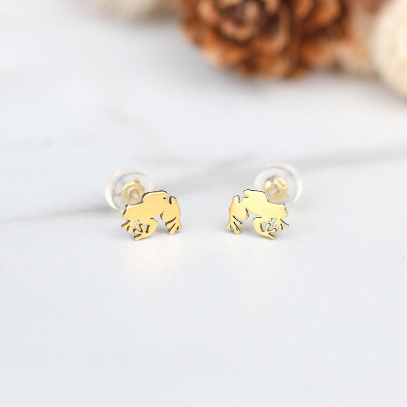 Pair of small gold frog stud earrings facing forward (5 of 13)