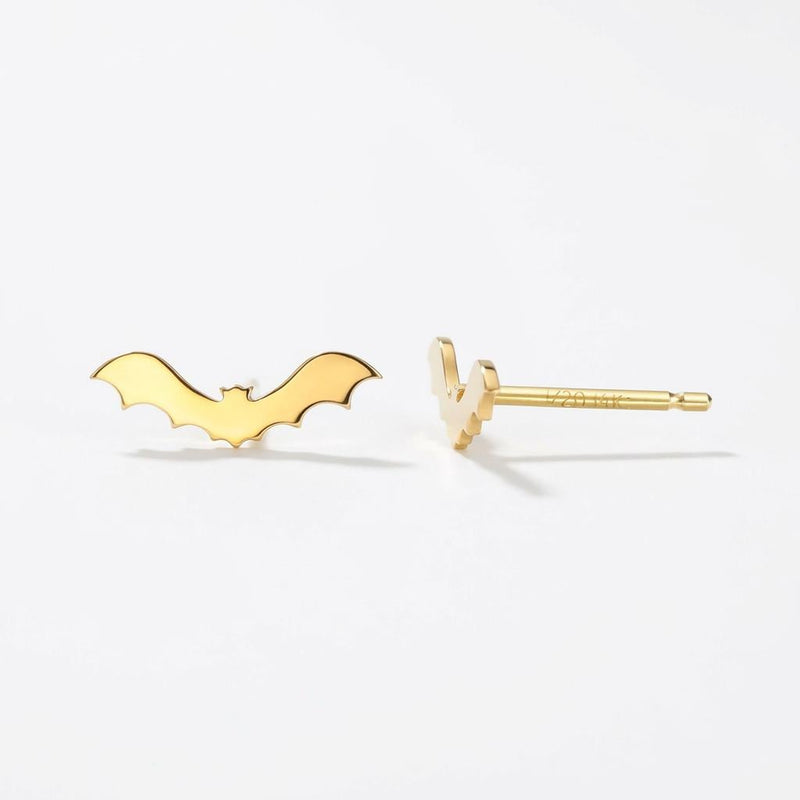 Pair of flat bat stud earrings with outstretched wings, in gold