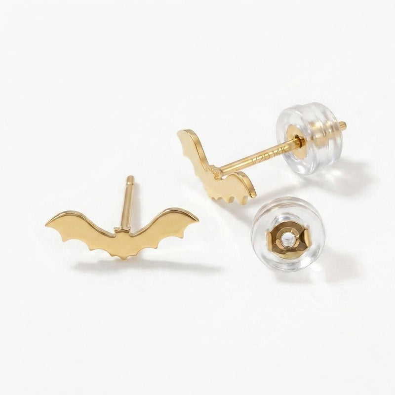 Pair of flat bat stud earrings with outstretched wings, in gold (4 of 10)