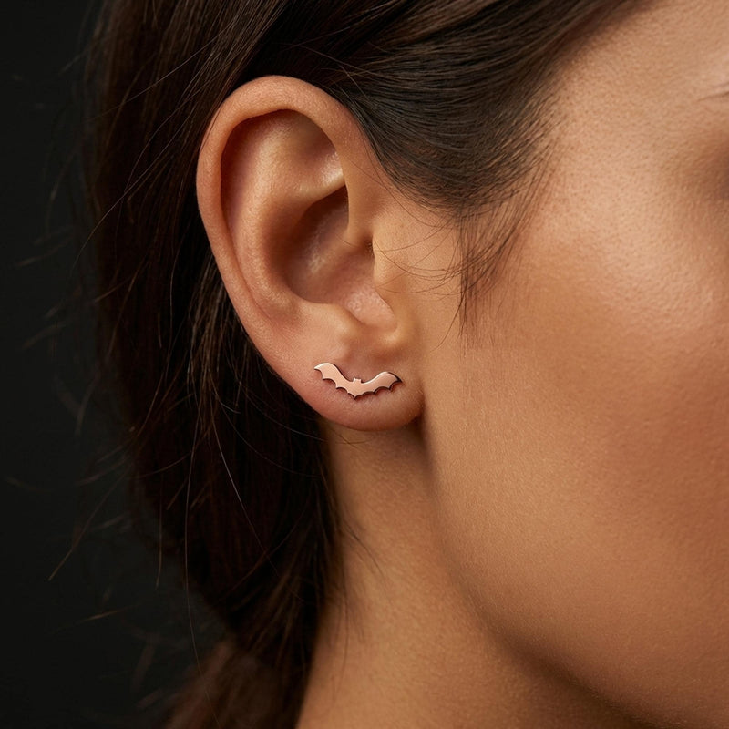 Pair of flat bat stud earrings with outstretched wings, in gold (5 of 10)
