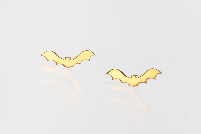 Pair of flat bat stud earrings with outstretched wings, in gold (7 of 10)