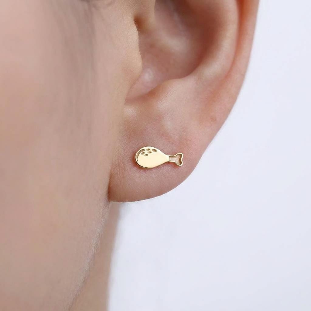 Pair of turkey leg stud earrings in gold with a small bone handle