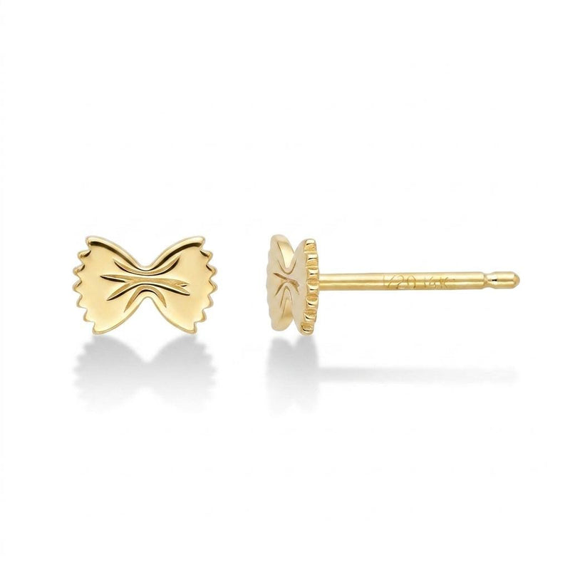 Tiny gold bowtie pasta farfalle stud earrings with ruffled edges