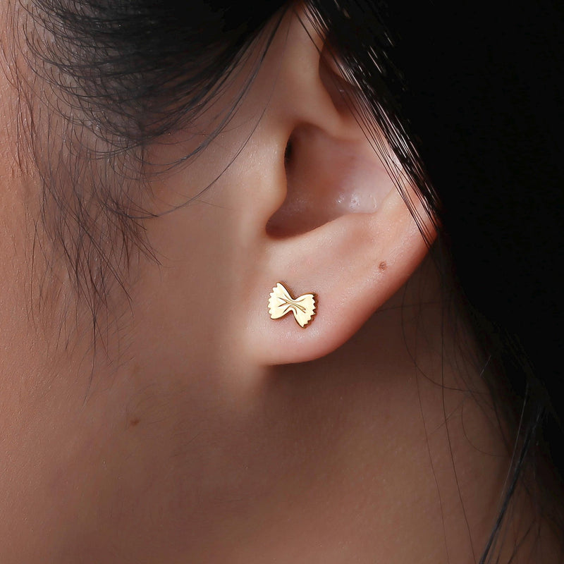Tiny gold bowtie pasta farfalle stud earrings with ruffled edges (13 of 13)