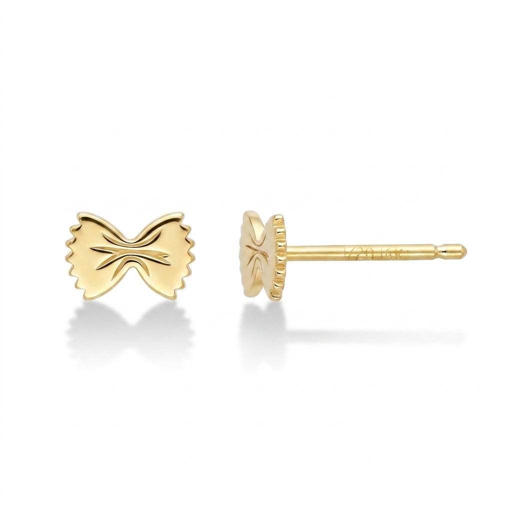 Tiny gold bowtie pasta farfalle stud earrings with ruffled edges