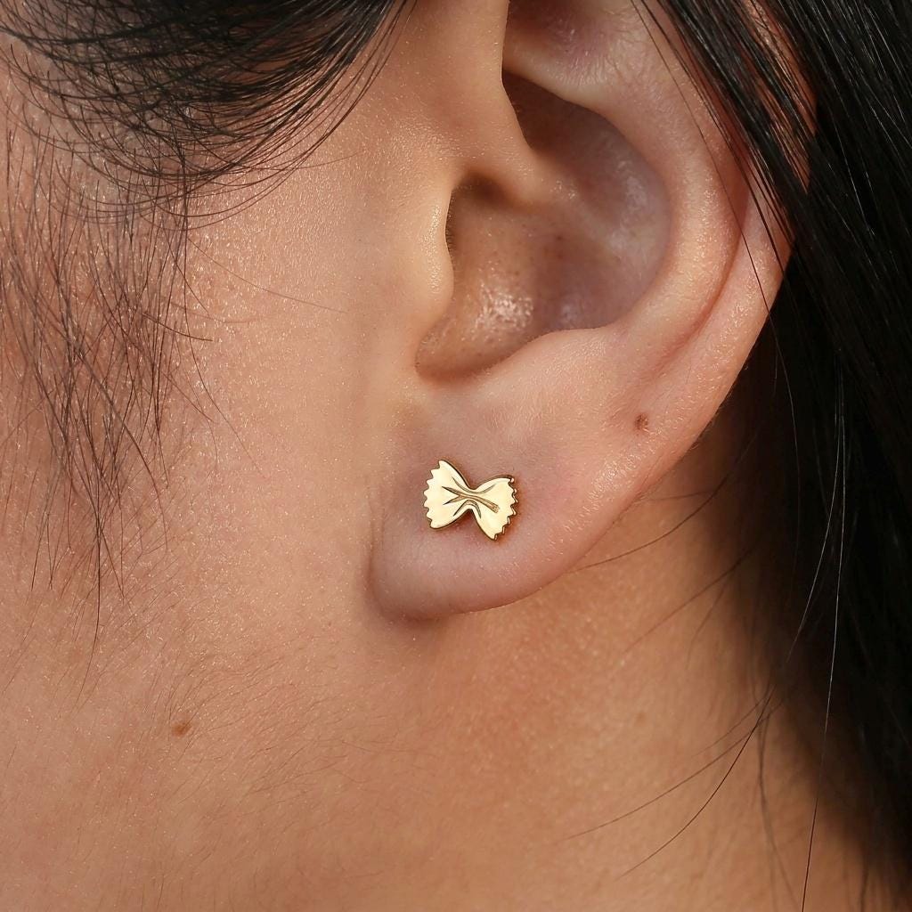 Tiny gold bowtie pasta farfalle stud earrings with ruffled edges (2 of 13)