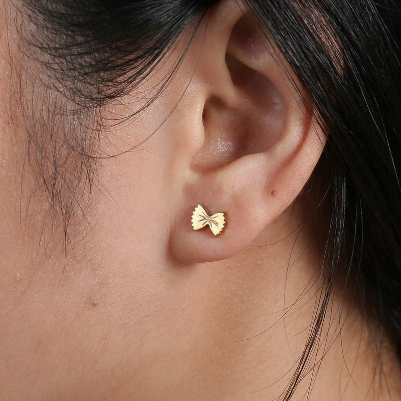 Tiny gold bowtie pasta farfalle stud earrings with ruffled edges (3 of 13)