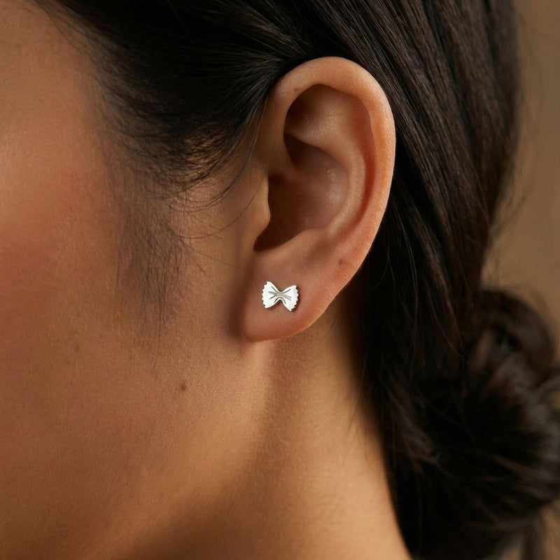 Tiny gold bowtie pasta farfalle stud earrings with ruffled edges (4 of 13)