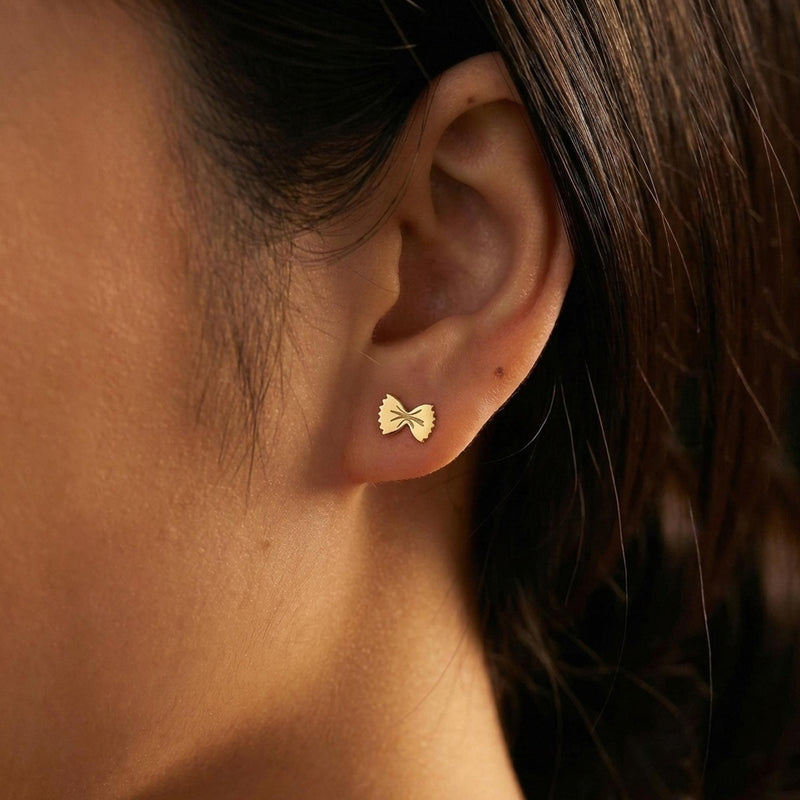 Tiny gold bowtie pasta farfalle stud earrings with ruffled edges (6 of 13)