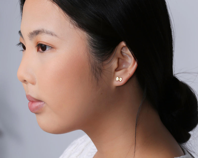 Tiny gold bowtie pasta farfalle stud earrings with ruffled edges (7 of 13)