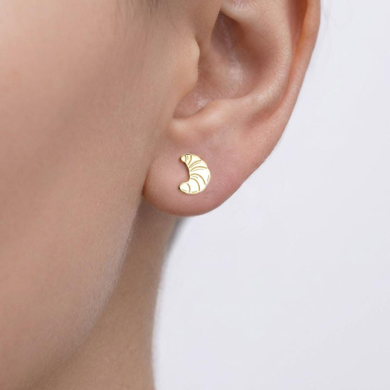 Pair of tiny gold croissant stud earrings with scored curved tops