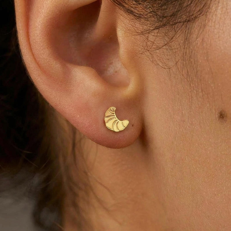 Pair of tiny gold croissant stud earrings with scored curved tops (3 of 9)