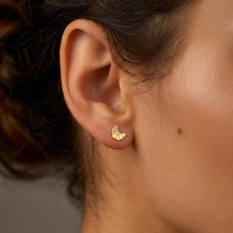 Pair of tiny gold croissant stud earrings with scored curved tops (4 of 9)