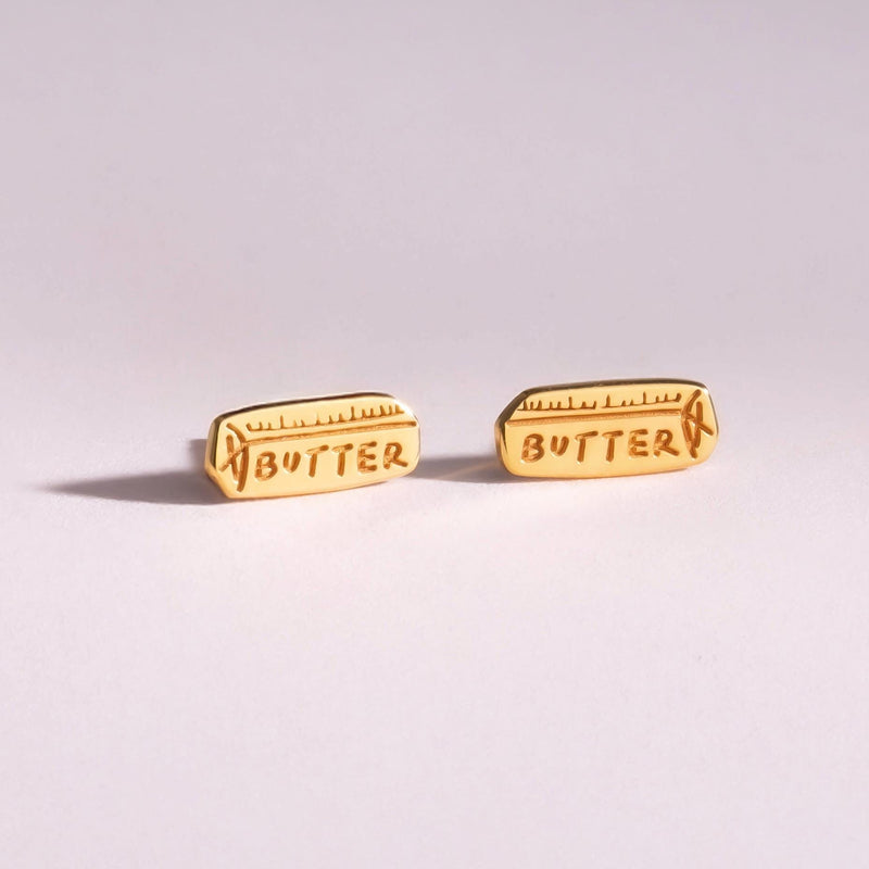 Pair of small gold stick of butter stud earrings with wrapper detail (7 of 16)