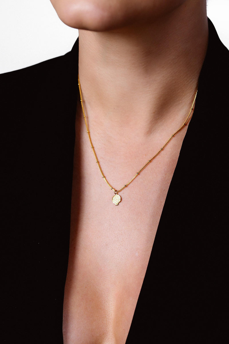Gold cut pomegranate pendant showing seeds, on a fine cable chain (4 of 9)