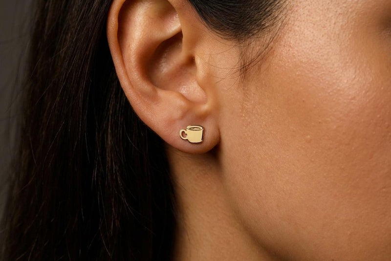Pair of tiny gold coffee cup stud earrings with handle and steam, on white (2 of 13)