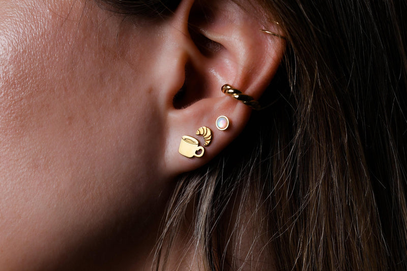 Pair of tiny gold coffee cup stud earrings with handle and steam, on white (3 of 13)