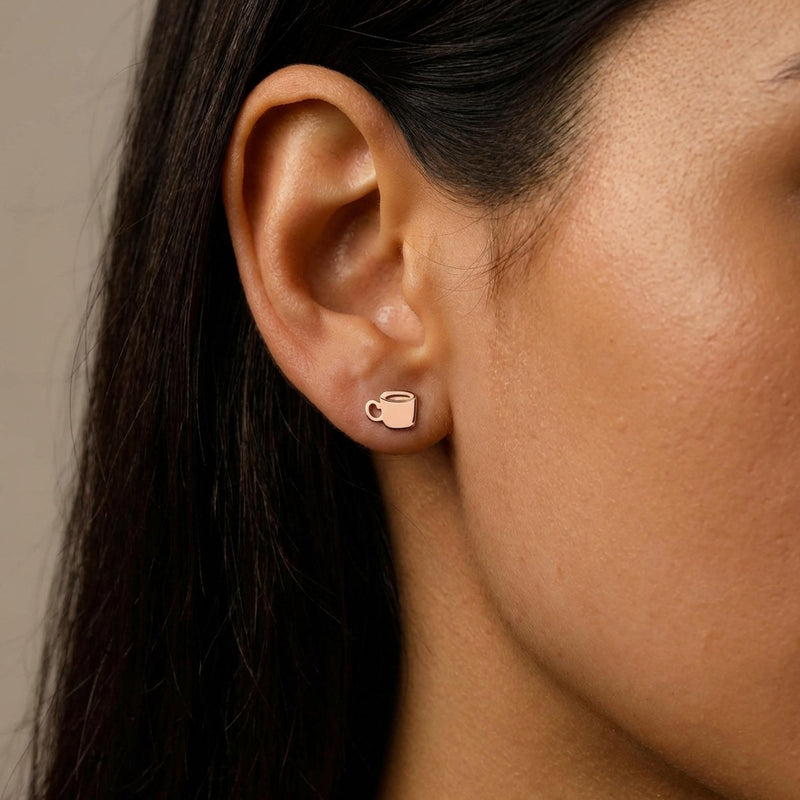 Pair of tiny gold coffee cup stud earrings with handle and steam, on white (6 of 13)