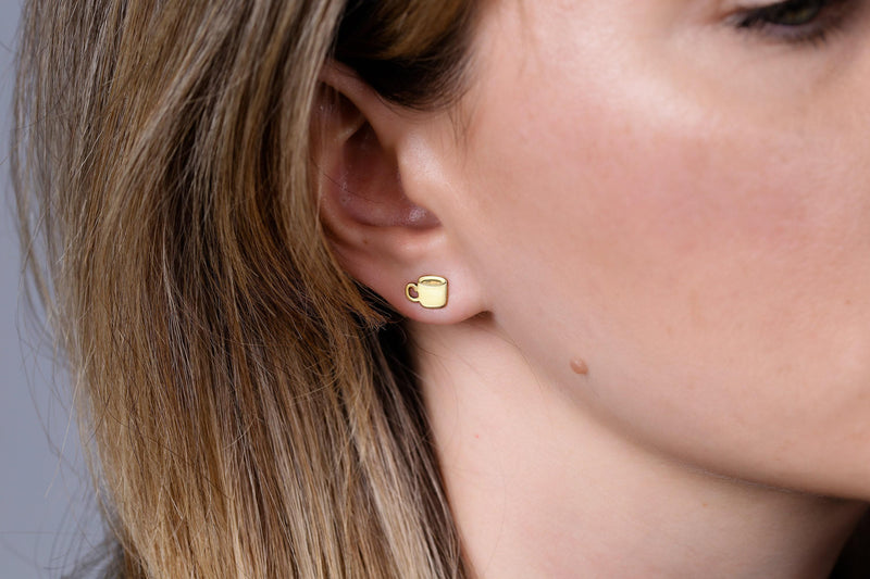 Pair of tiny gold coffee cup stud earrings with handle and steam, on white (9 of 13)
