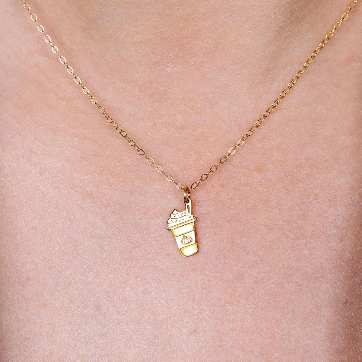 Small gold coffee cup pendant necklace with lid and sleeve on a thin chain
