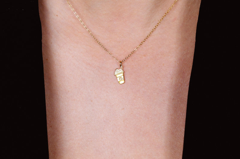 Small gold coffee cup pendant necklace with lid and sleeve on a thin chain (3 of 7)