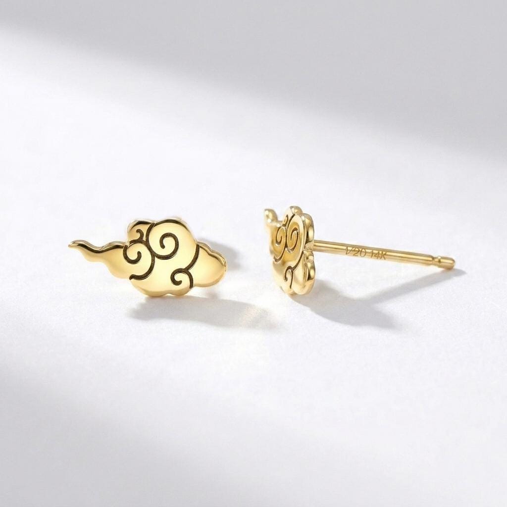 Pair of gold auspicious cloud stud earrings with curled scroll shape (2 of 7)